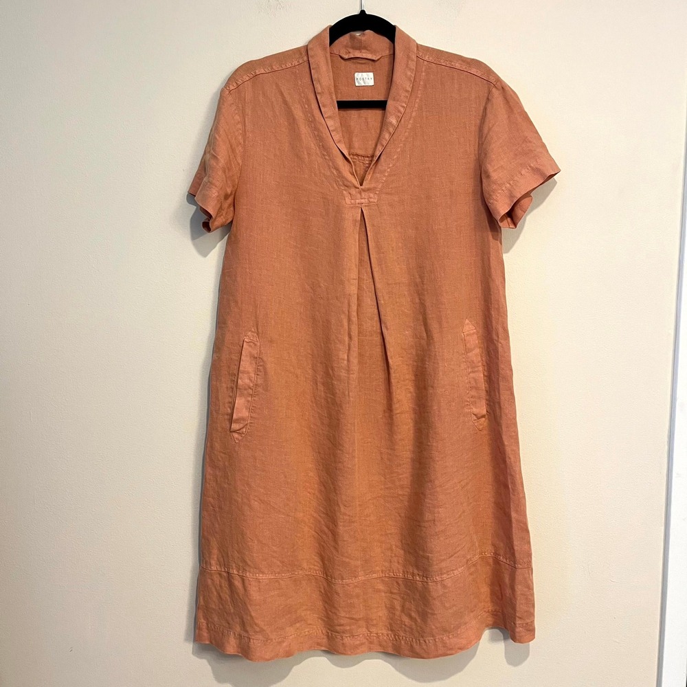 Poetry Dress 100% Linen Flax Peach Orange V-Neck Short Sleeve Shift Womens US 4